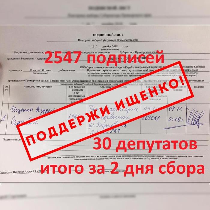 В Приморье идет активный сбор подписей за кандидата в губернаторы А.Ищенко